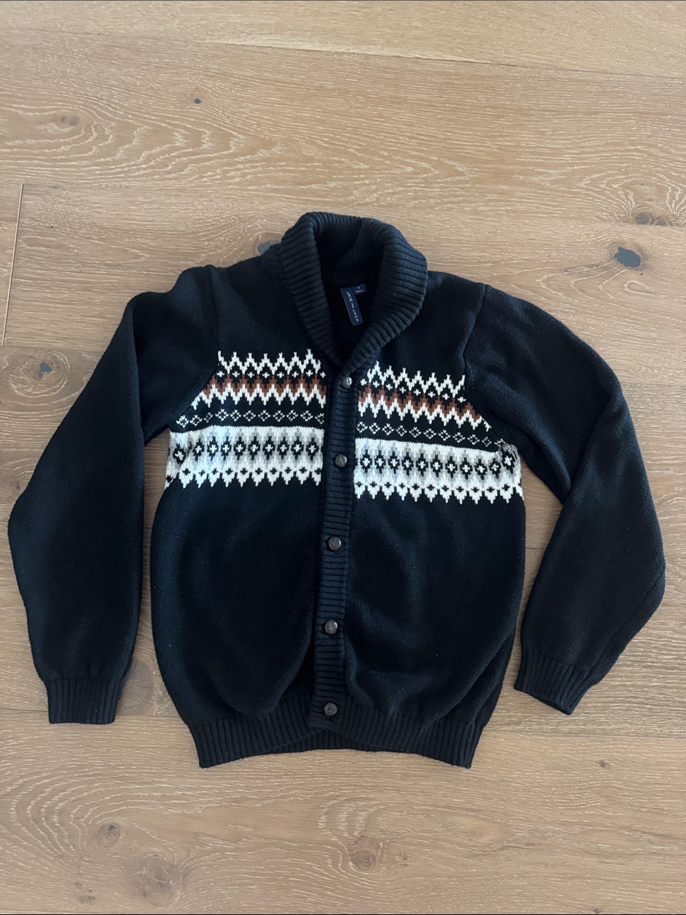 Janie and Jack Black Shawl Collar Cardigan with White and Brown Fair Isle